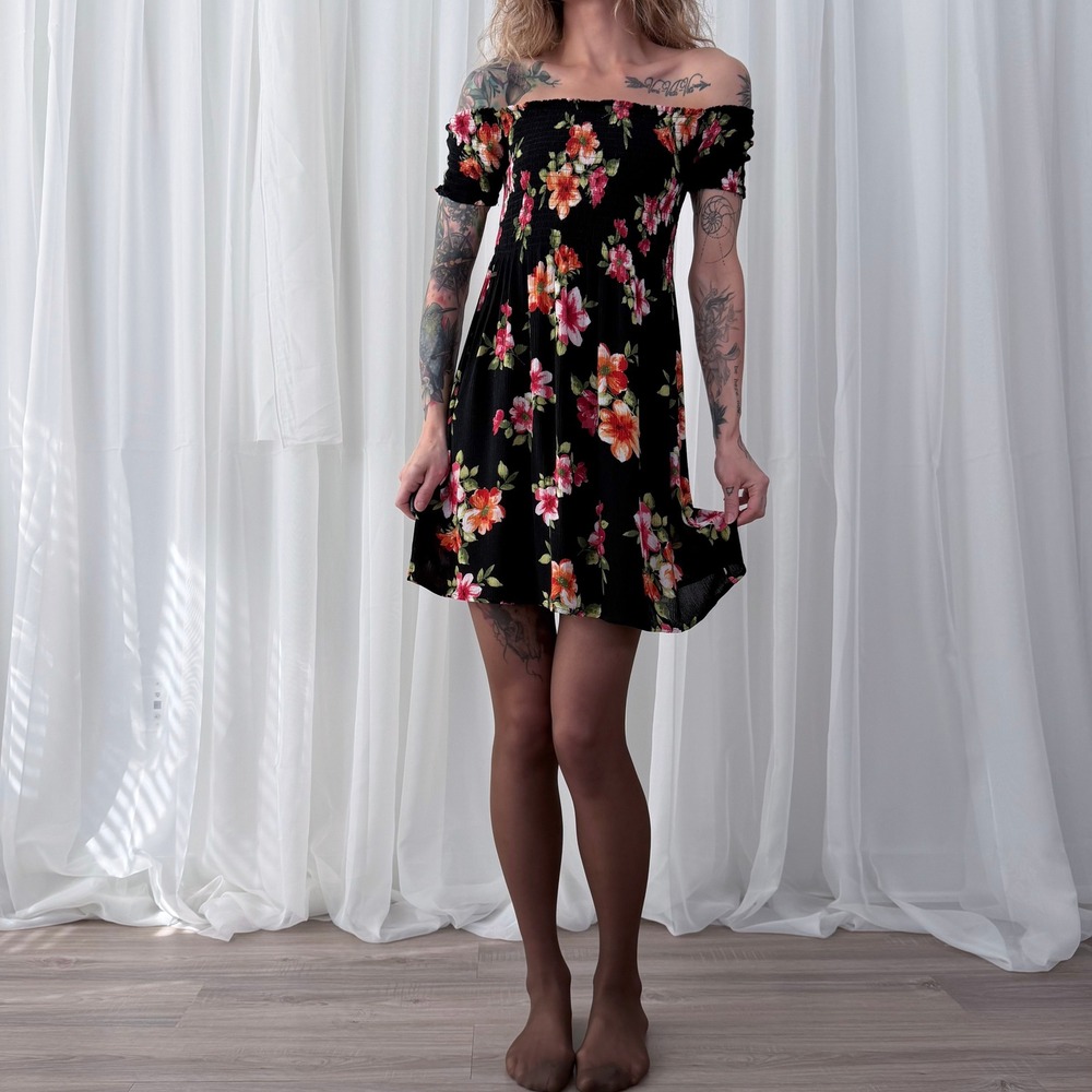 Ambiance Black Floral Off Shoulder‎ Mini Dress Medium